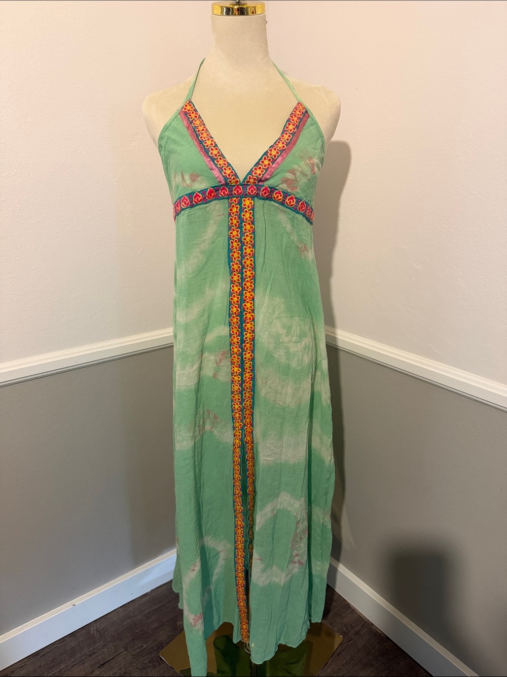 Halter Maxi Dress in Mint green tie dye with Multicolor embroidered Trim